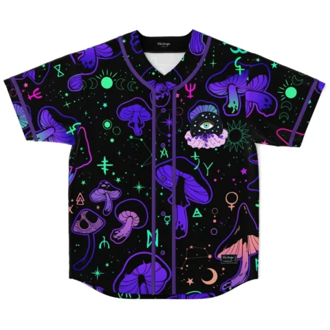 rave baseball jersey — psychedelic mushrooms, black