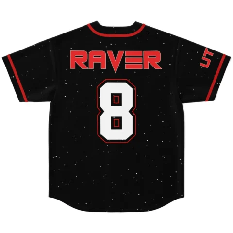 Back view of rave baseball jersey showing 'RAVER' text and number 8 on black galaxy print