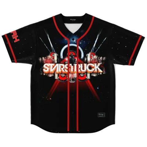 Front view of black custom rave baseball jersey with galaxy print, city skyline, and STARSTRUCK chest text