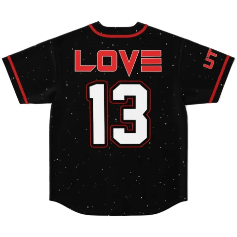Back view of rave baseball jersey showing LOVE text and number 13 in red and white