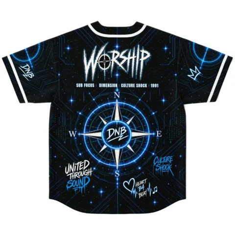 Sub Focus rave baseball jersey — drum bass, black – back view