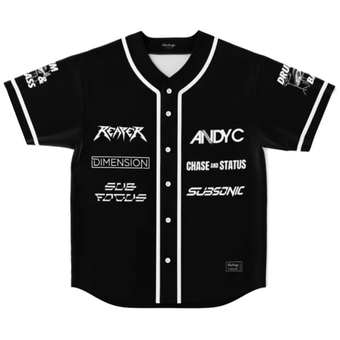Black drum and bass baseball jersey front view showing DJ lineup chest print with white button placket