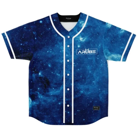 Front view of blue galaxy nebula baseball jersey with white piping and ARUBE chest logo