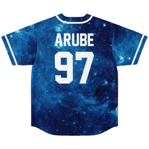Back view of galaxy print baseball jersey showing ARUBE text and number 97 in white lettering