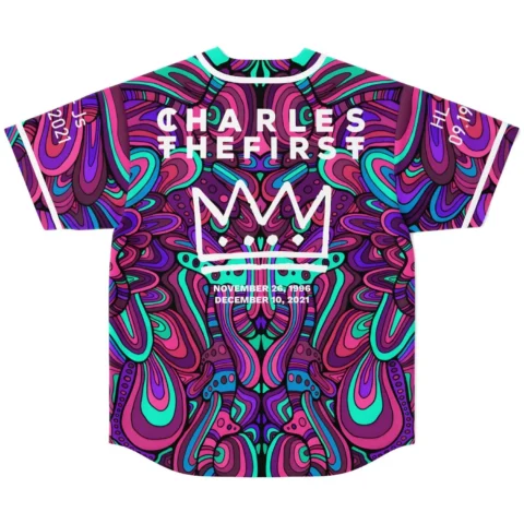 Back view of psychedelic baseball jersey showing crown graphic and custom text reading CHARLES THE FIRST with dates