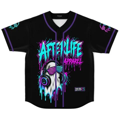 Front view of black rave ghost baseball jersey with teal and pink Afterlife Apparel drip text and headphone ghost graphic