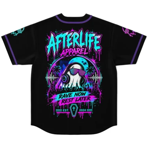 Back print of rave ghost baseball jersey showing ghost DJ, palm trees, crowd, and Rave Now Rest Later banner text