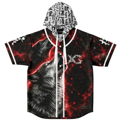 rave hooded baseball jersey — two howling, black red
