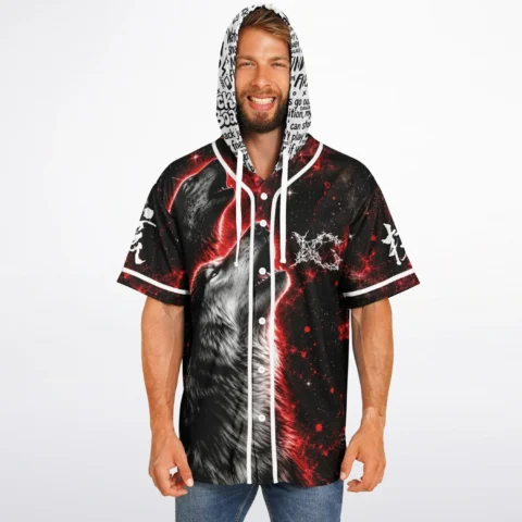rave hooded baseball jersey — two howling, black red – back view
